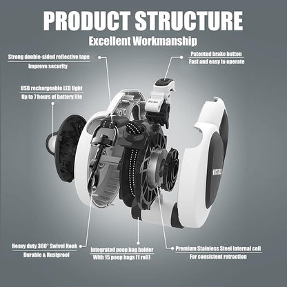 HCY&WLD Upgrade 4-in-1 Retractable Dog Leash with LED Light & Dispenser & Poop Bags, 16 ft Heavy Duty Dog Leash with Anti-Slip Handle for Dogs up to 110 lbs, 360° Tangle-Free, One Button Brake & Lock