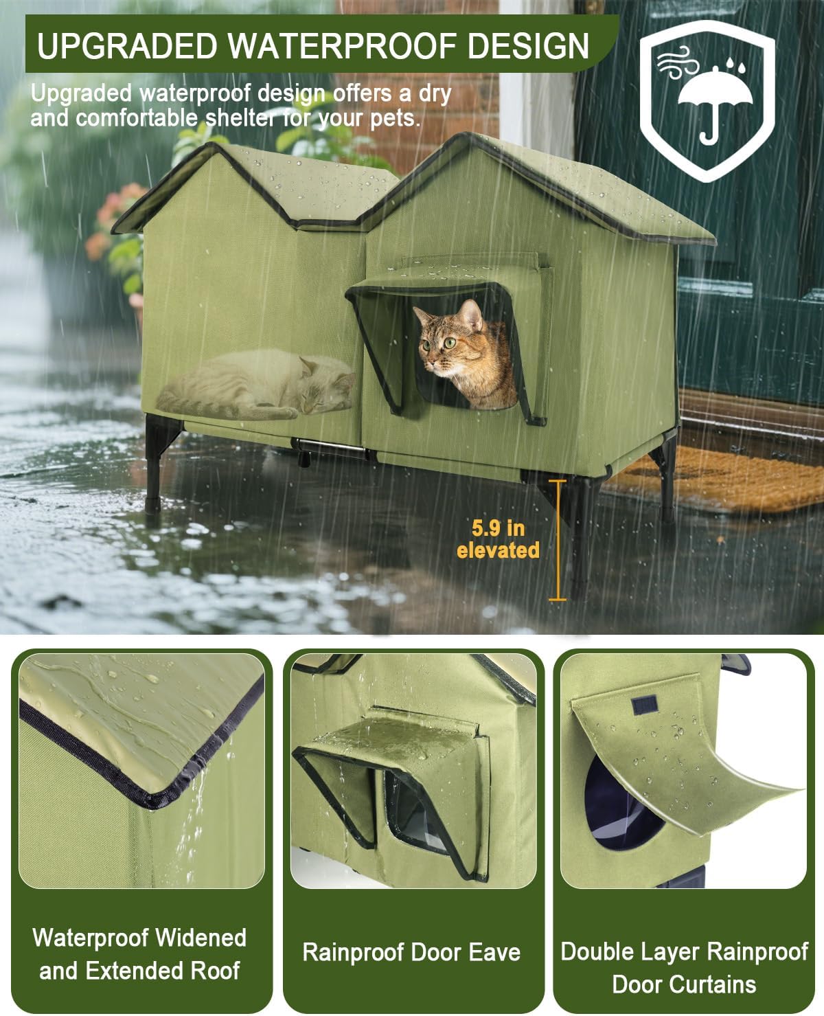 Extra Wide Large Cat Houses for Outdoor Cats Weatherproof, Elevated Waterproof Outdoor Cat House, Outside Stray Cat Shelter for Multiple Cats Small Dogs (Green, Unheated)