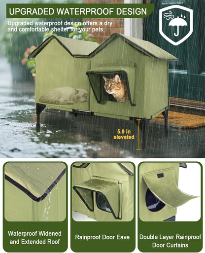 Extra Wide Large Cat Houses for Outdoor Cats Weatherproof, Elevated Waterproof Outdoor Cat House, Outside Stray Cat Shelter for Multiple Cats Small Dogs (Green, Unheated)
