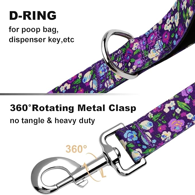 4ft Dog Leash with Two Padded Handles, Cute Girl Dog Leash with Soft Dual Handle, Walking Training Lead for Small Medium Large Dogs, Purple Floral