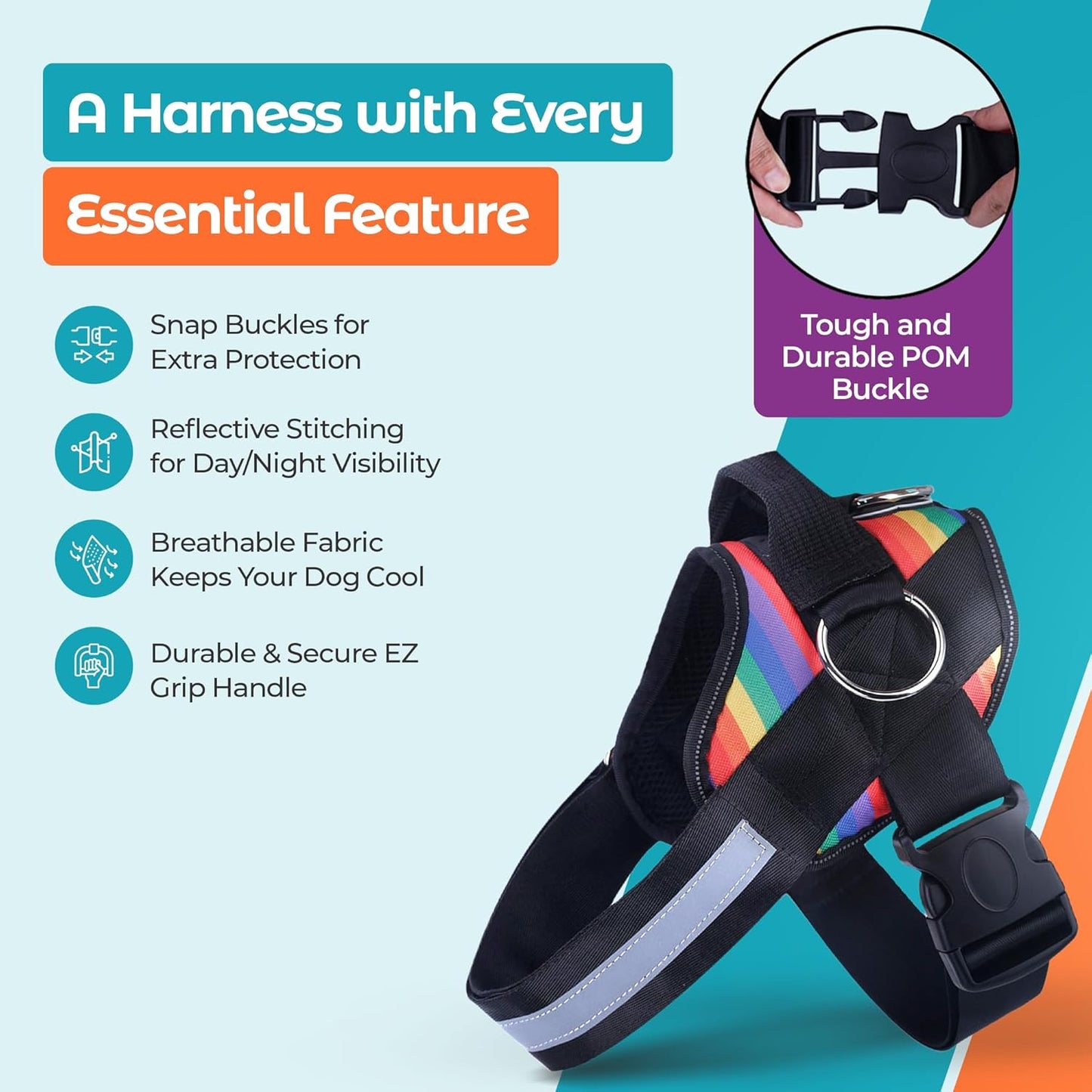 Joyride Basic Essential Dog Harness 1.0 - Small, Medium, Large Dogs, No-Pull Pet Vest with 3 Side Rings for Leash Placement, Adjustable for Training (Rainbow, XL)