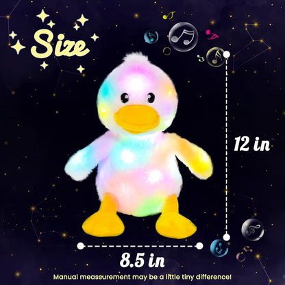Hopearl LED Musical Stuffed Duck Lighting Up Singing Duckling Plush Toy Adjustable Volume Lullaby Animated Soothe Birthday Gifts for Kids Toddler Girls, White, 11''