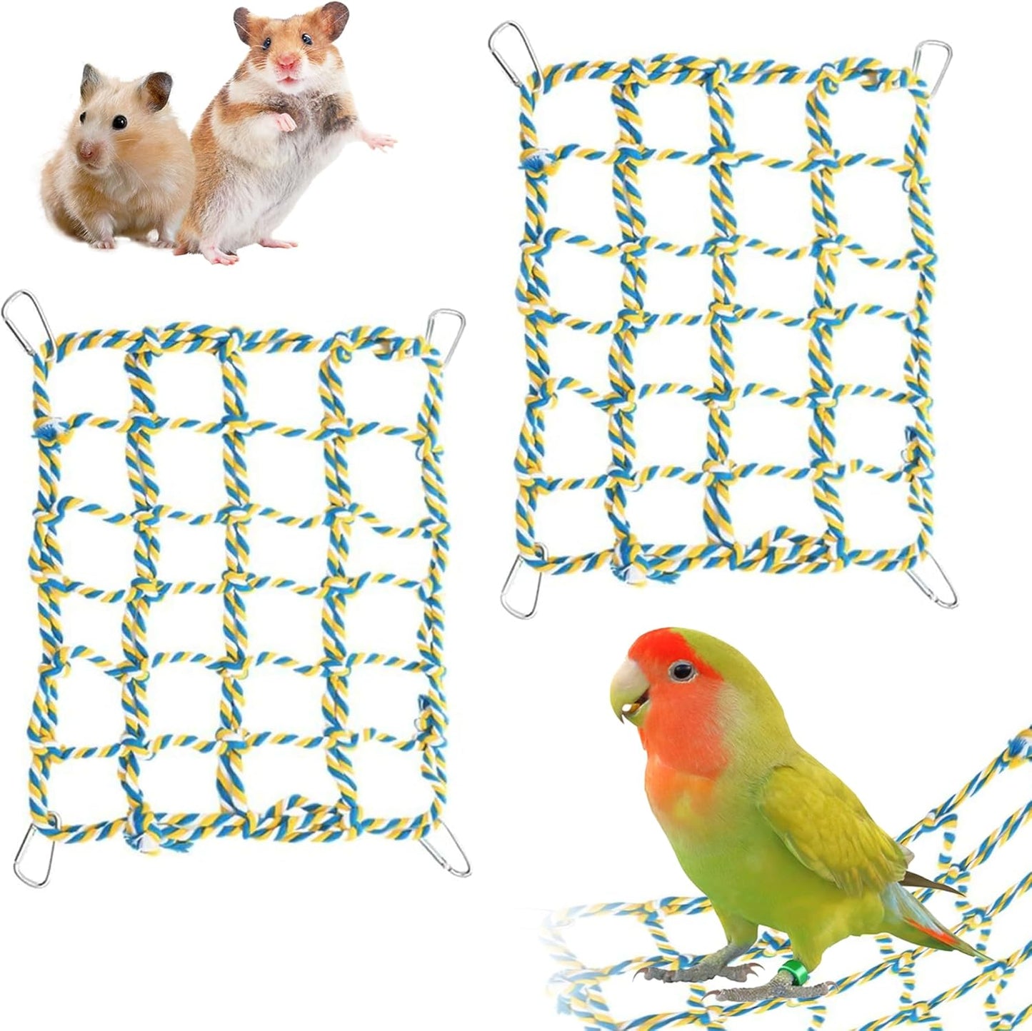 2 Pcs Rat Climbing Ropes for Cage Rat Cage Accessories Bird Rope Rat Toys for Pet 12.6 x 9.84 inch Hammock Hamster Cotton Rope Bridge Bird Ladder with 4 Silver Hooks（Yellow）