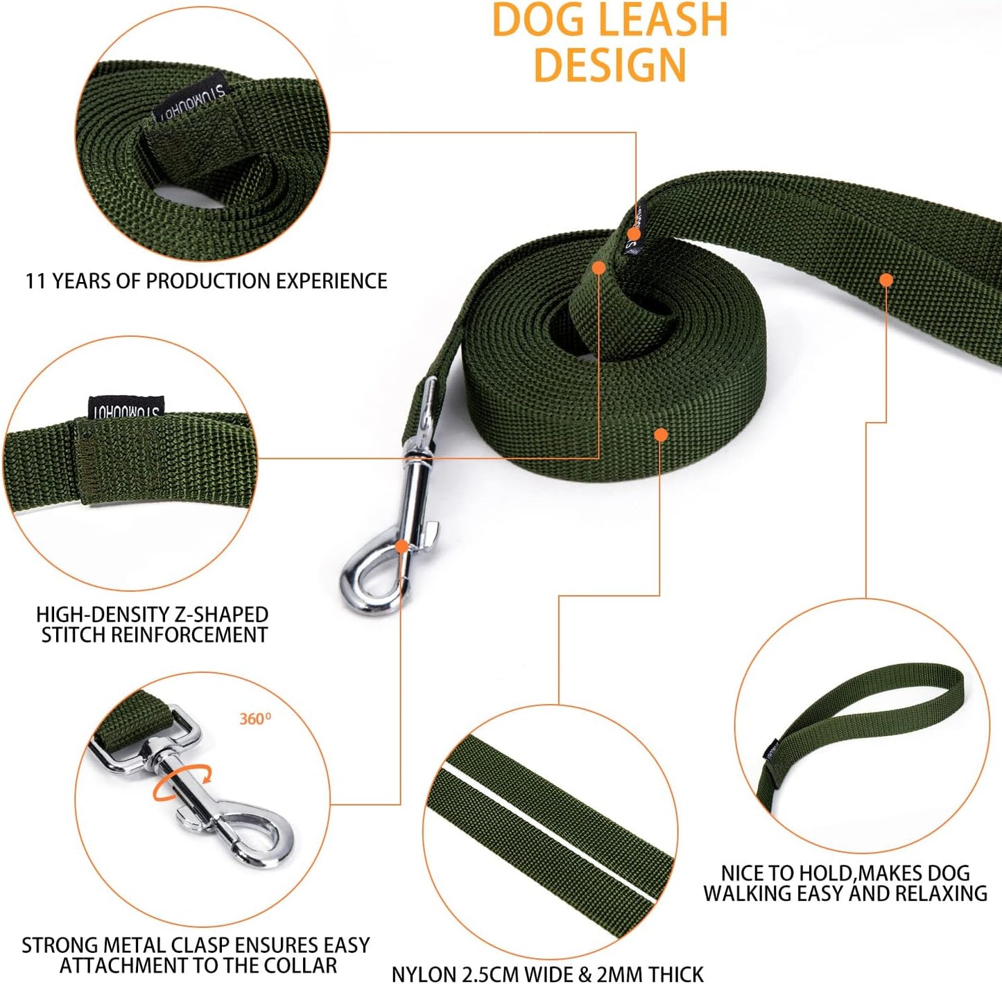 Strong Durable 10ft Nylon Dog Training Leash, 1 Inch Wide Traction Rope, for Small and Medium Dog (Military Green, 10 Feet)