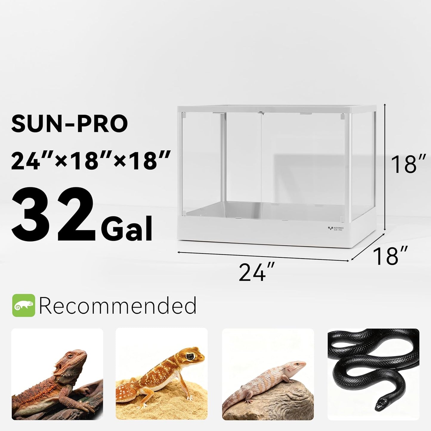 Reptile Glass Terrarium 24"x18"x18" 32 Gallon Knock-Down Dual-Locking Security Mesh Ventilation Durable Aluminum Frame Modern Design