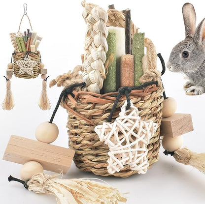 Bissap Bunny Chew Toys, Natural Seagrass Hanging Basket Chews Water Plant Woven Chinchillas Chewing Treats for Rabbits Guinea Pigs Chinchillas Hamsters Rats and Other Small Pets Teeth Grinding Toy