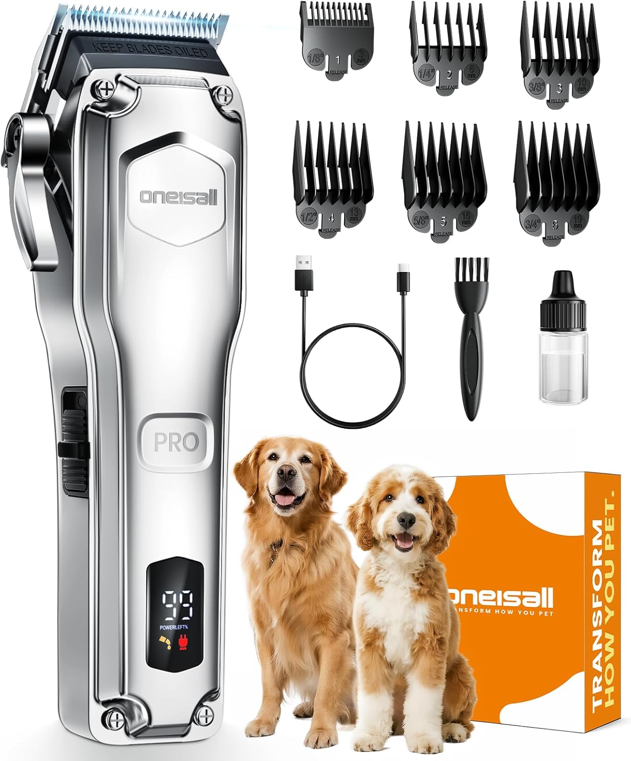 oneisall Dog Clippers for Grooming Thick Hair,Low Noise Dogs Grooming Kit with Detachable Stainless Steel Blade,Dog Shaver for Thick/Matted/Knotted/Fine/Wave/Curly Hair,PC18