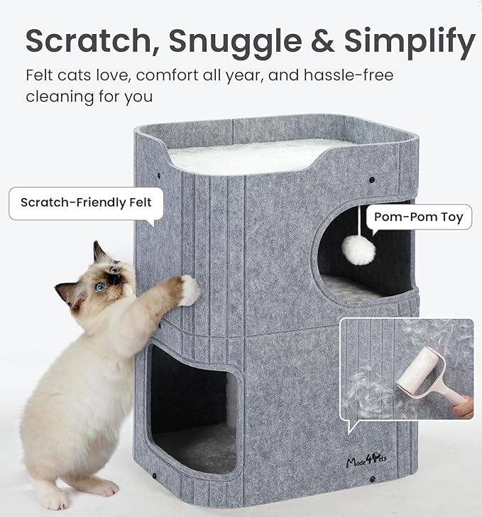 Made4Pets Cat House for Indoor Use, 2-Storey Cube Bed Cave, Covered Hideaway Condo with Scratch-Resistant Felt, Foldable Easy-to-Clean Design for Multi-Cat Homes, Grey