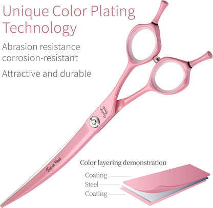 Fenice Peak Curved Dog Grooming Scissors with Pink Color Coating 440C Stainless Steel Pet Grooming Bending Shears Sharp and Durable Comfortable Engonomic Handle