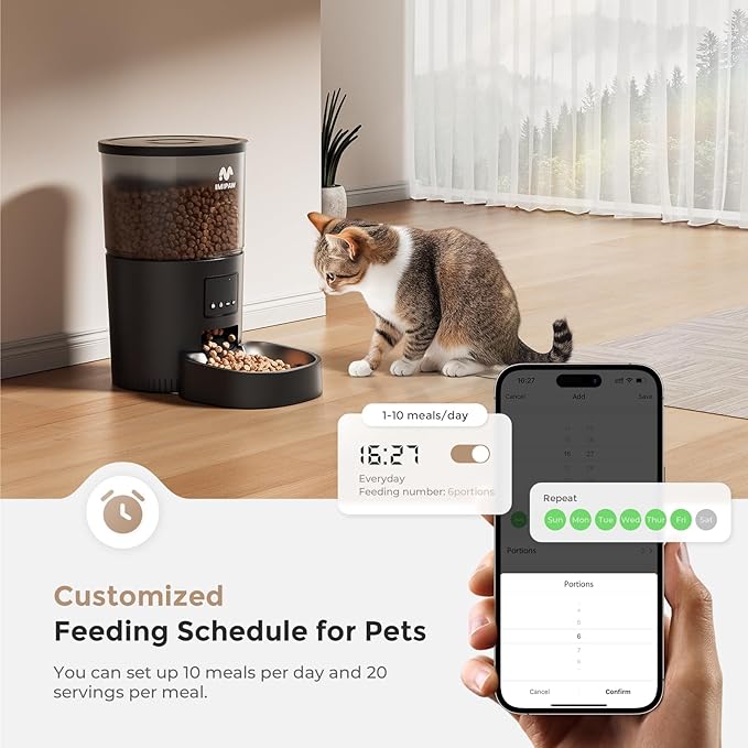 IMIPAW Automatic Cat Feeder, 5G WiFi Food Dispenser with APP Remote Control, Pet Dry Food Smart Feeder, Programmable Timed Feeding, Dual Power Supply, 1-10 Meals, Desiccant Bag, Stainless Steel Bowl
