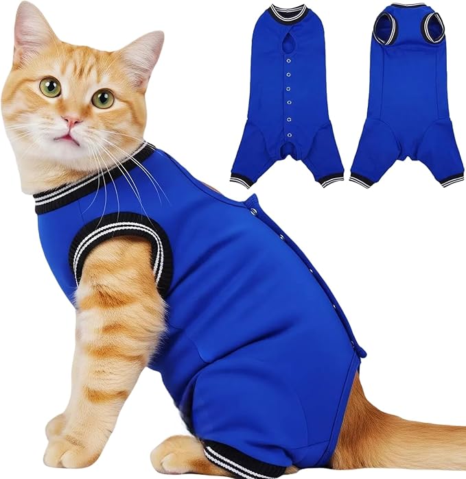 T'CHAQUE Cat Surgery Clothes Recovery Suit for Female Male, Cat Onesie Pet Surgical Pajamas Hind Legs Long Sleeve, Abdominal Wound Skin Diseases, E-Collar Alternative, Spay Recovery Suit, RoyalBlue-L