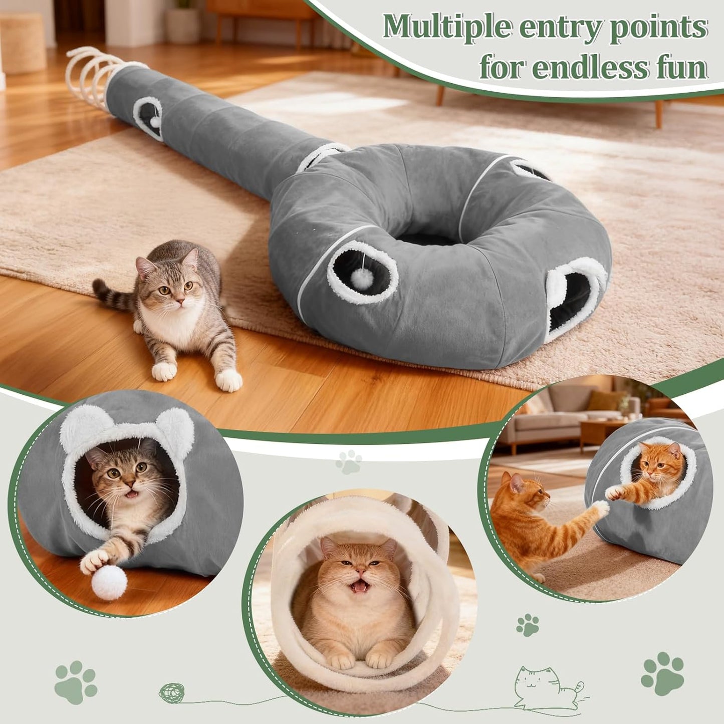 Ownpets 2-in-1 Cat Tunnel Bed, Lollipop Shape Large Cat Tunnel Toy, Plush Foldable Cat Cave Hideout Donut Tunnel for Kitten Rabbit Ferret, Grey