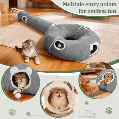 Ownpets 2-in-1 Cat Tunnel Bed, Lollipop Shape Large Cat Tunnel Toy, Plush Foldable Cat Cave Hideout Donut Tunnel for Kitten Rabbit Ferret, Grey