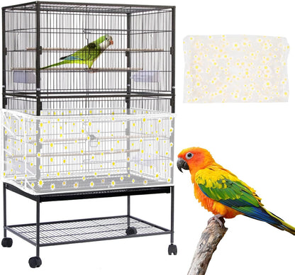Daoeny Large Bird Cage Cover, Bird Cage Seed Catcher, Adjustable Soft Nylon Mesh Net with Daisy Pattern, Birdcage Cover Skirt Seed Guard for Parrot Parakeet Macaw Round Square Cages (White)