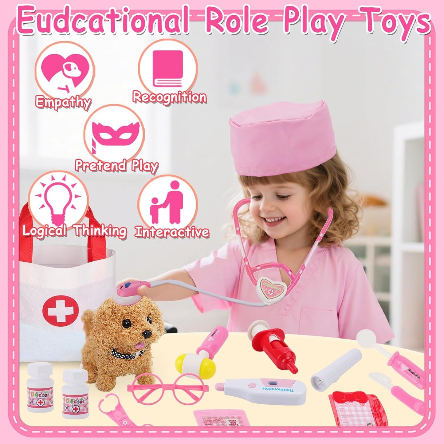 Toy Doctor Kit for Girls - TEUVO Pretend Play Doctor Set with Dog Toy, Carrying Bag, Stethoscope, Dress Up Costume - Toys Doctor Play Birthday Gift for Kids Toddlers 2 3 4 5 6 7 Year Old for Role Play