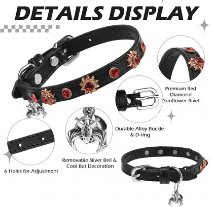 EXPAWLORER Halloween Leather Cat Collar - Adjustable Pet Collar with Rivet Spike for Girl Boy Cats, Punk Accessories with Bell & Durable D-Ring,Red Diamond Sunflower