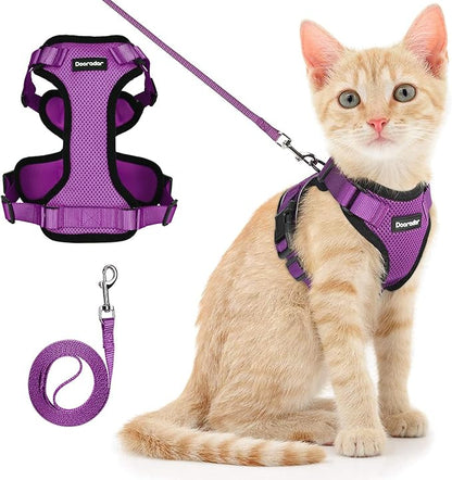 Dooradar Cat Harness and Leash Set, Escape Proof Safe Adjustable Kitten Vest Harnesses for Walking, Easy Control Soft Breathable Mesh Jacket with Reflective Strips for Cats, Purple, M
