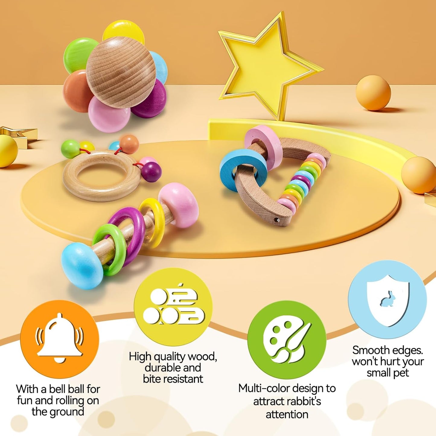 4 Pcs Wooden Bunny Toys - Safe Rabbit & Guinea Pig Toys for Chinchillas & Hamsters, Teeth Grinding, Indoor & Outdoor