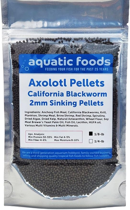 Aquatic Foods Inc. Axolotl Blackworm Pellets. 2mm-1/16 Sinking California Blackworm Small Pellets for Small Axolotl, Frogs, Shrimp, Salamanders, Newts, Snails…1/8-lb Pouch Bag