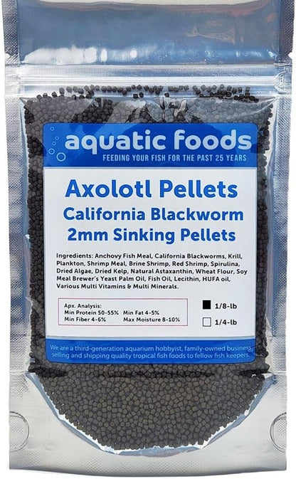 Aquatic Foods Inc. Axolotl Blackworm Pellets. 2mm-1/16 Sinking California Blackworm Small Pellets for Small Axolotl, Frogs, Shrimp, Salamanders, Newts, Snails…1/8-lb Pouch Bag