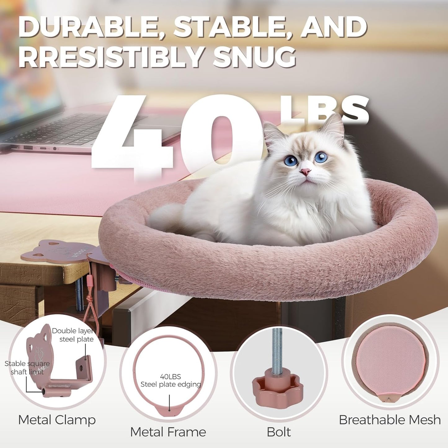 Rotating Cat Desk Bed - 40 LBS Chair-Side Cat Sleeping Basket with Bed for Desk, 360° Swivel & Removable Washable Cushion for Office Comfort(Brown