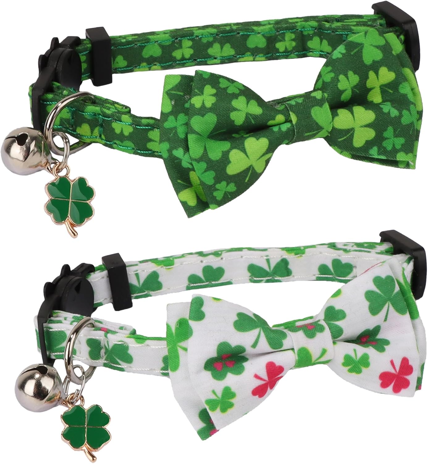 ADOGGYGO St. Patrick's Day Cat Collars with Bow Bell, Green Shamrock Pattern Kitten Collar with Removable Bowtie, Pet St Patricks Collars for Cats Kittens (St. Patrick's Day)