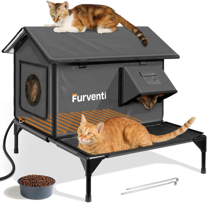 Heated Cat House for Outside,More Platform Space,Extremely Weatherproof & Insulated in Winter,Elevated Outdoor Cat Shelter with Eaves & Escape Door for Barn Feral Stray Cat(Dark Grey,Large)