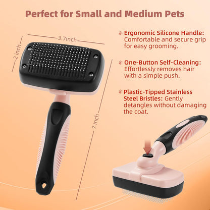 3PCS Cat & Dog Brush Set: Slicker & Deshedding Brush, Dematting Comb, and Bath Brush – Premium Grooming Tools for Shedding & Tangle-Free Fur (pink)