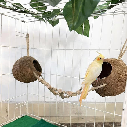 Bird Coconut Hides Nest with Ladder Parrot Cage Hanging Natural Coco Shell Hut Hide Toy with Wooden Bridge Hollow Hideaway Toys for Parakeet Lovebird Finch Canary 2PCS