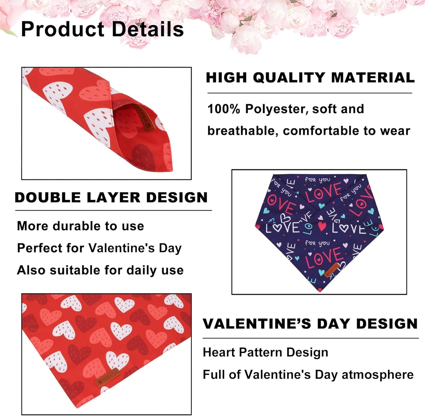 ADOGGYGO Valentine Dog Bandana, Red Blue Heart Love Pet Scarf, Adjustable Fit Pet Valentine Bandanas for Small Dogs (Small)