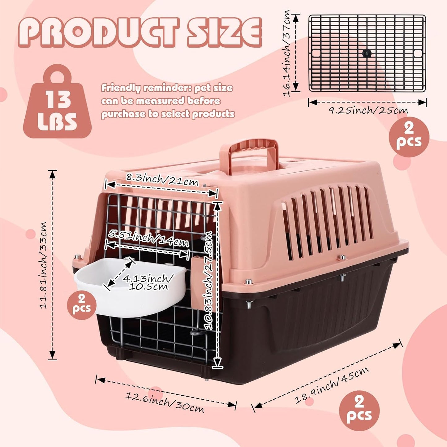 2 Set Pet Carrier for Small Dogs and Cat, Hard Shell Plastic Dog Crate with Bowl and Cooling Pad Fully Breathable Portable Kennel for Small Pet Travel Camp (Brown,18.9 x 12.6 x 11.8 Inch)