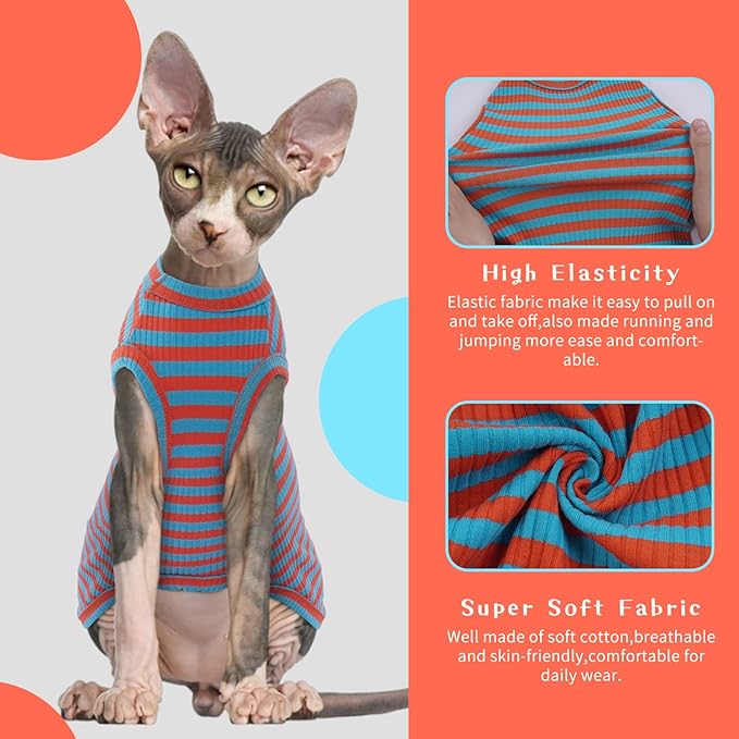 BRKURLEG Hairless Cats T Shirt, Cat Sweaters, Pullover Kitten Shirts, Sleeveless Round Collar Cotton Vest for Cornish Rex Devon Rex Peterbald and Small Dogs Sweater(OrangeBlue Stripes, S)