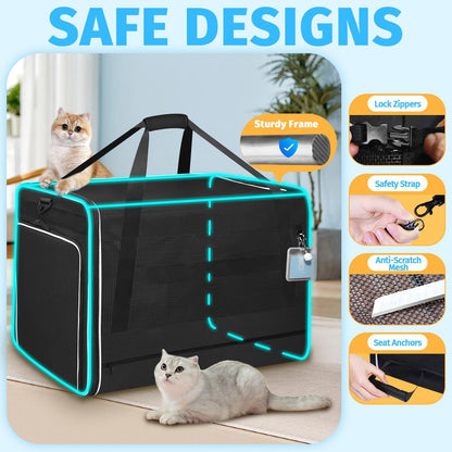 Petskd Side Expandable Extra Large Cat Carrier with Litter Box Area, 24"x17"x17" Soft-Sided Pet Carrier for 2 Cats Under 55 lbs with Zipper Locks for Car Travel(Black)