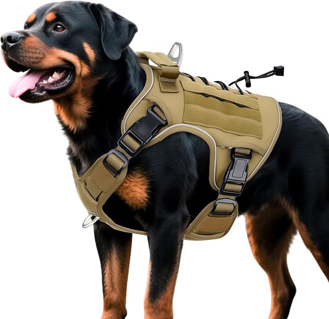 Heavy-Duty Tactical Dog Harness for Large Dogs, No Pull Adjustable Reflective Pet Vest with Molle System, K9 Military-Grade Control for Service Training, Outdoor & 10+ Breeds, Khaki, XX-Large