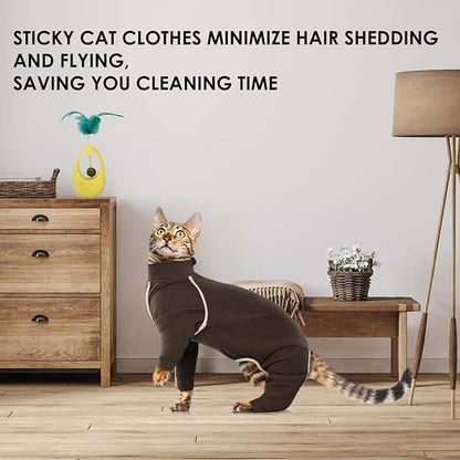 Cat Pajamas - Coffee, L - Prevents Hair Loss, Sticky Hair Clothes, Sphynx Clothes, Anti-Licking or Skin Disease Recovery Suit for Female Cats, Pet Apparel Onesie