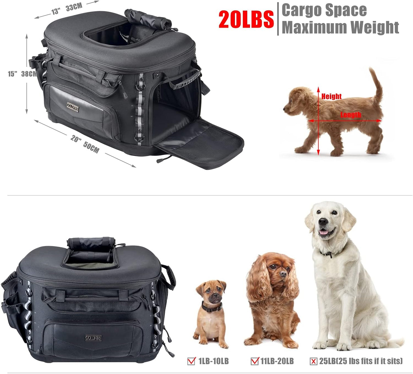 Goldfire Motorcycle Dog/Cat Carrier, Portable Pet Carrier Voyagers Dog Carrier Crate for Street Glide Road King with Luggage Rack or Sissy Bar UTV ATV Touring Trike Models(Black)