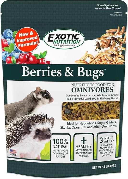 Berries & Bugs 1.5 lb - All Natural High Protein High Fiber Food for Hedgehogs, Skunks, Opossums, Sugar Gliders - Universal Insectivore Diet with Fruit, Gut-Loaded Insects, & Healthy Vitamins