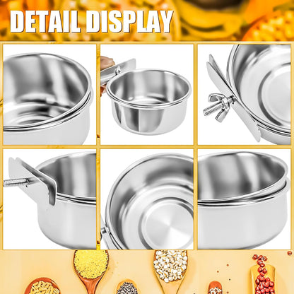 MotBach 2 Pack Bird Feeding Bowls Cups Parrot Food Water Dishes, Stainless Steel Bird Bowl Cup Dish with Clamp, Birdcage Feeder Pet Cage Bowls for Cockatiel Budgie Conure Macaw Parakeet Small Animal