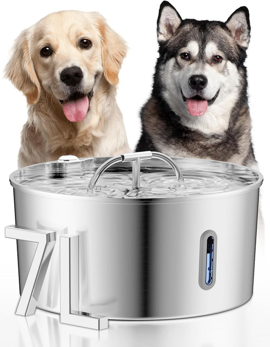 Dog Water Fountain for Large Dogs, 7L/236oz/1.8G Stainless Steel Dog Fountain, Large Automatic Pet Drinking Bowl Dispenser with Quiet Pump, Multiple Filtration, Dual-Stream for Cats and Dogs Indoor