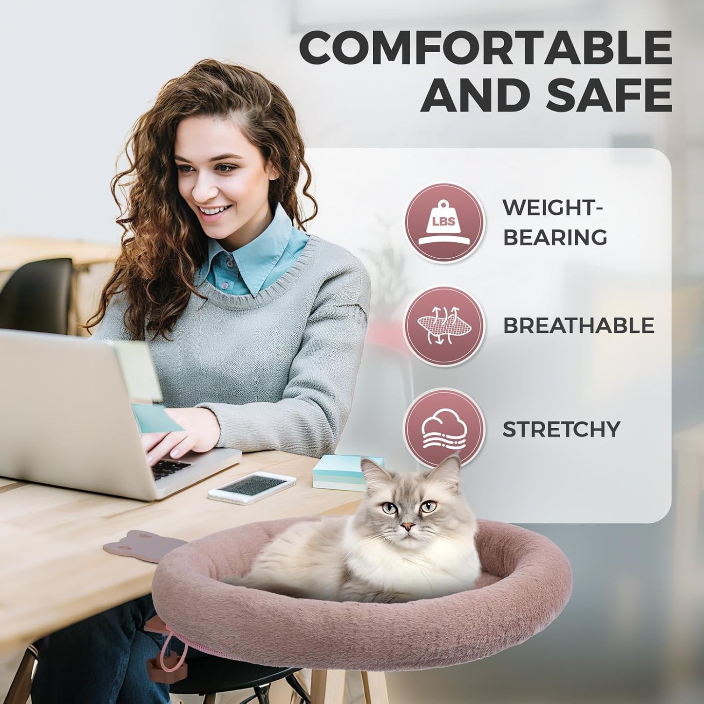 Rotating Cat Desk Bed - 40 LBS Chair-Side Cat Sleeping Basket with Bed for Desk, 360° Swivel & Removable Washable Cushion for Office Comfort(Brown