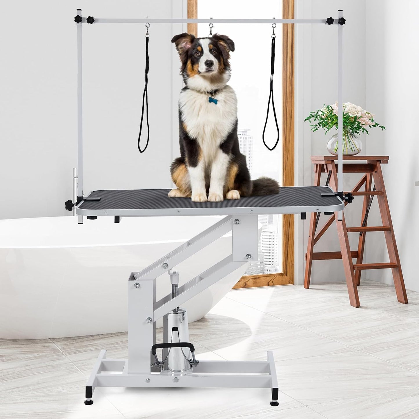 Professional Hydraulic Dog Grooming Table Heavy Duty 350Lbs, Adjustable Overhead Arm & Noose, Non-Slip PVC Top for Large Dogs, Salon-Grade Pet Grooming Station (White)