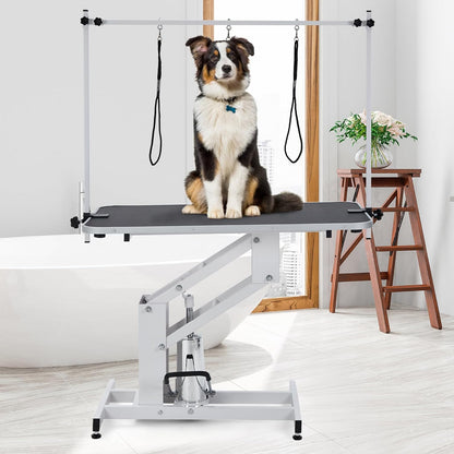 Professional Hydraulic Dog Grooming Table Heavy Duty 350Lbs, Adjustable Overhead Arm & Noose, Non-Slip PVC Top for Large Dogs, Salon-Grade Pet Grooming Station (White)