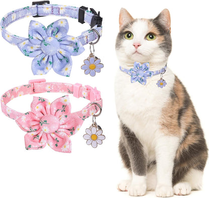 Breakaway Cat Collars for Girl Boy Cats, 2 Pack Cute Kitten Collar with Bells & Flowers, Safety Adjustable Female Male Kitty Puppy Floral Collar Pink & Blue, Small Pet Spring Gifts