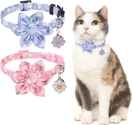 Breakaway Cat Collars for Girl Boy Cats, 2 Pack Cute Kitten Collar with Bells & Flowers, Safety Adjustable Female Male Kitty Puppy Floral Collar Pink & Blue, Small Pet Spring Gifts