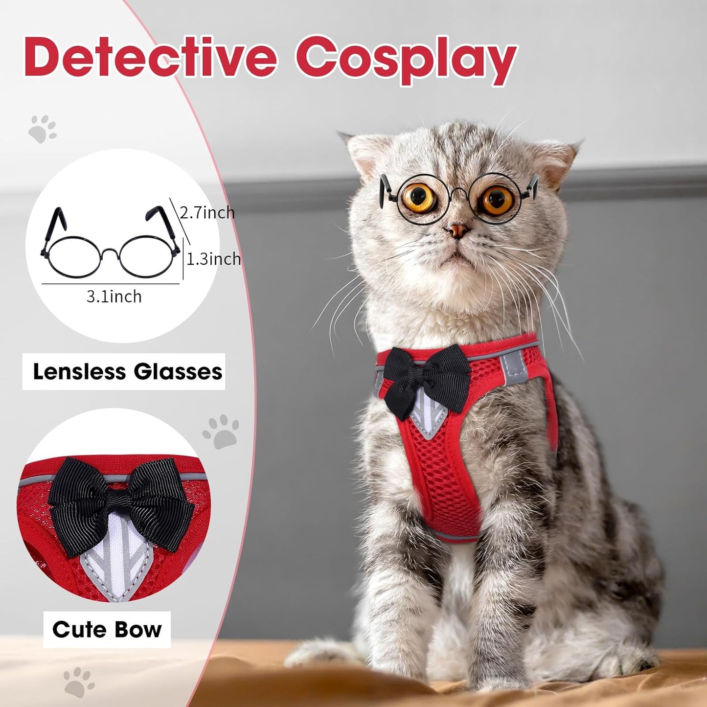 Cat Vest Harness and Leash Set for Walking Escape Proof, Adjustable Kitten Harness Breathable Mesh with Reflective Strips Harness for Kitty Puppy Bunny (Red, S)