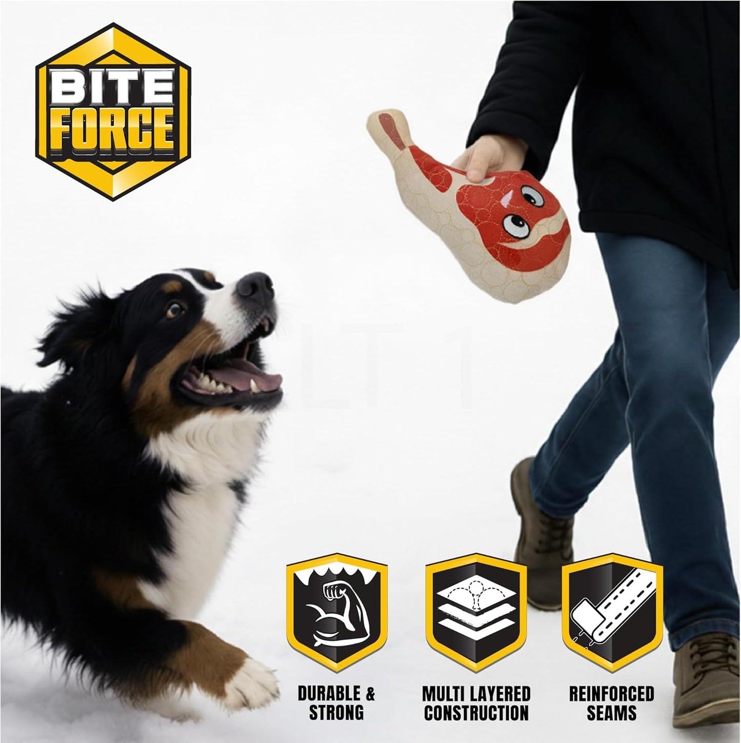 Bite Force - Durable & Strong Dog Toy Ribby with Squeaker, Kevlar-Reinforced Seams for Aggressive chewers- Red.