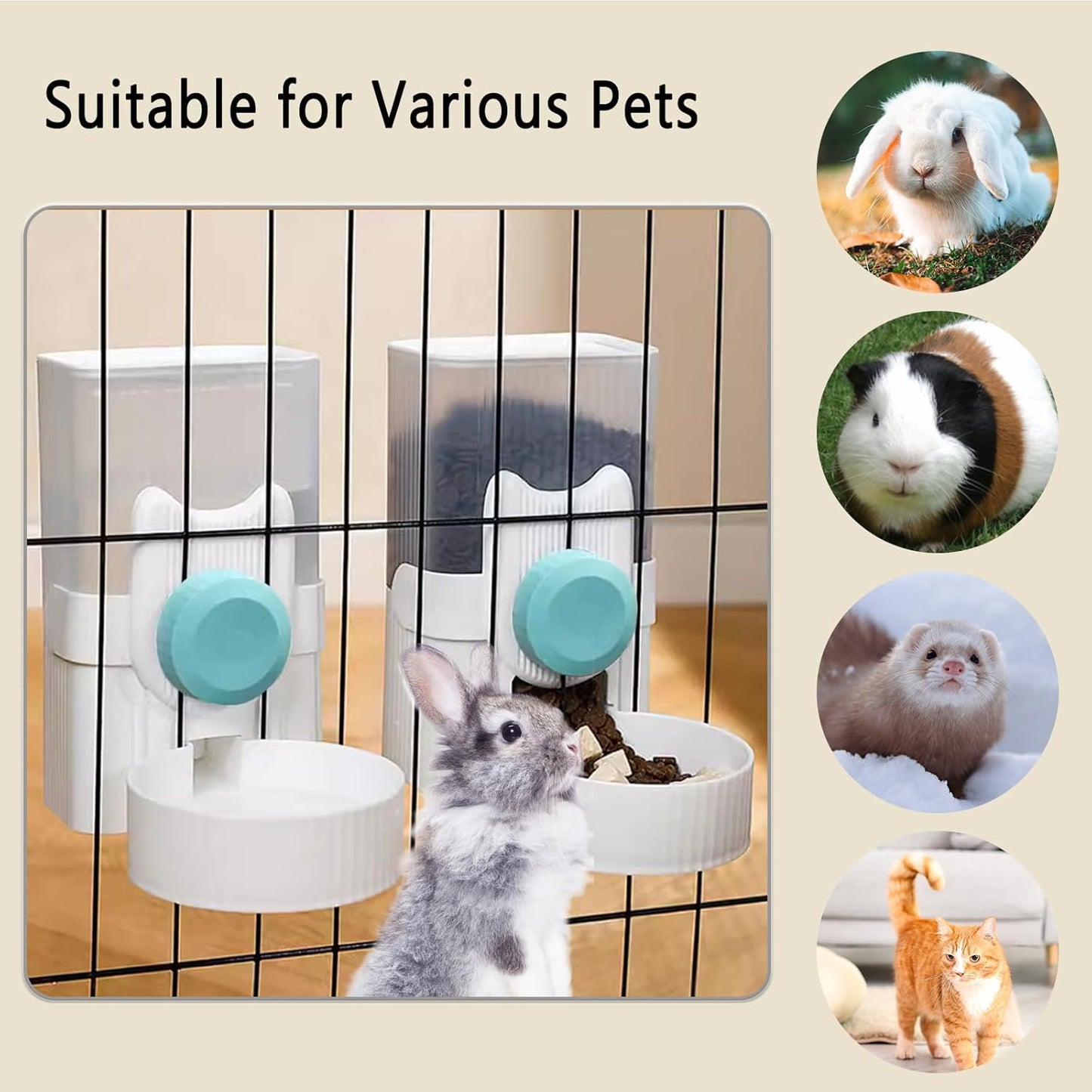 kathson Hanging Automatic Pet Food and Water Dispenser,Gravity Auto Rabbit Feeder for Cage,Guinea Pig Feeder and Waterer Set,Cat Food Bowl Dog Feeding Station for Bunny,Ferret,Chinchilla (Grey)
