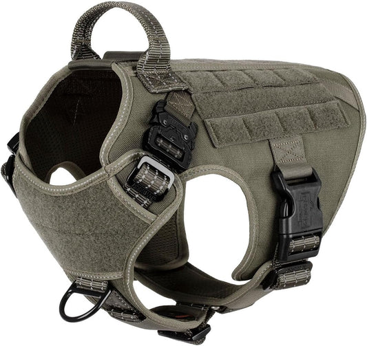 ICEFANG Tactical Dog Harness, Medium Size,2X Metal Buckle,Working Dog MOLLE Vest with Handle,No Pulling Front Leash Clip,Hook and Loop Panel (Green,M (Pack of 1))