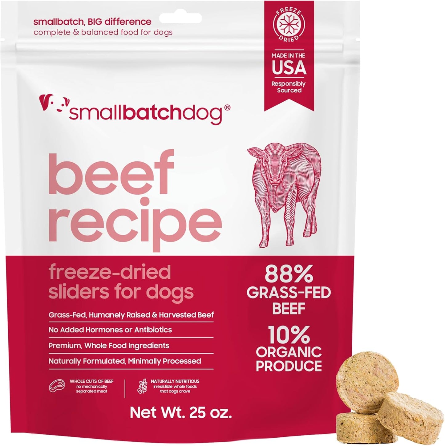 smallbatch Pets Freeze Dried Raw Dog Food, Beef Recipe, 25 oz, Organic High Protein Dog Food, Grain Free, Made in The USA, Humanely Raised Meat, Single Protein, for Picky Eaters, Hydrate & Serve