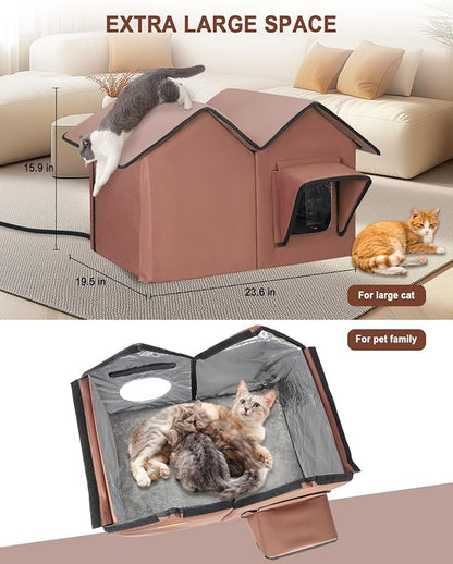 Heated Cat House for Outside, Large Elevated Waterproof Outdoor Cat House Weatherproof with Escape Doors and Heating Pad for Winter, Sturdy Insulated Outdoor Cat Shelter for Multiple Cats, Brown
